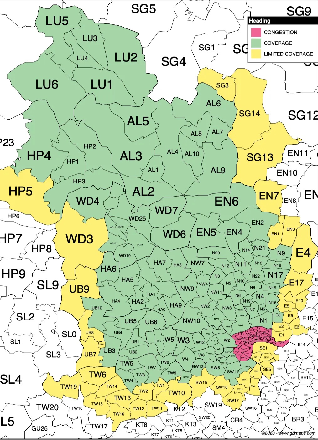 Map of postcodes we cover including those postcode areas that attract congestion charges.